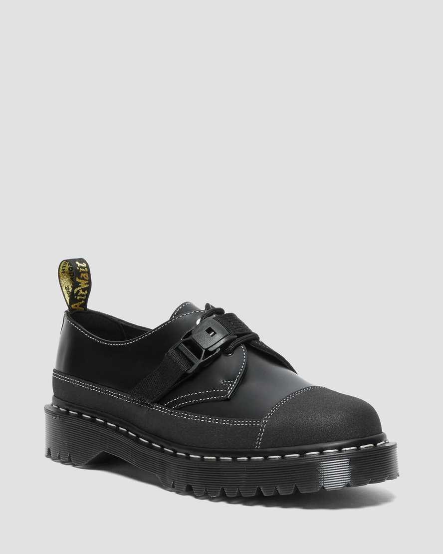 Black Smooth Leather Men's Dr Martens 1461 Tech Made in England Buckle Oxford Shoes | 604137-BAR