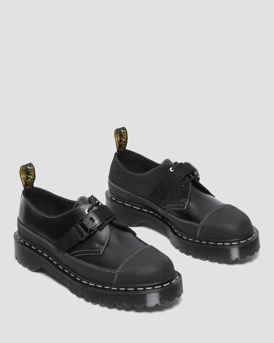 Black Smooth Leather Men's Dr Martens 1461 Tech Made in England Buckle Oxford Shoes | 604137-BAR