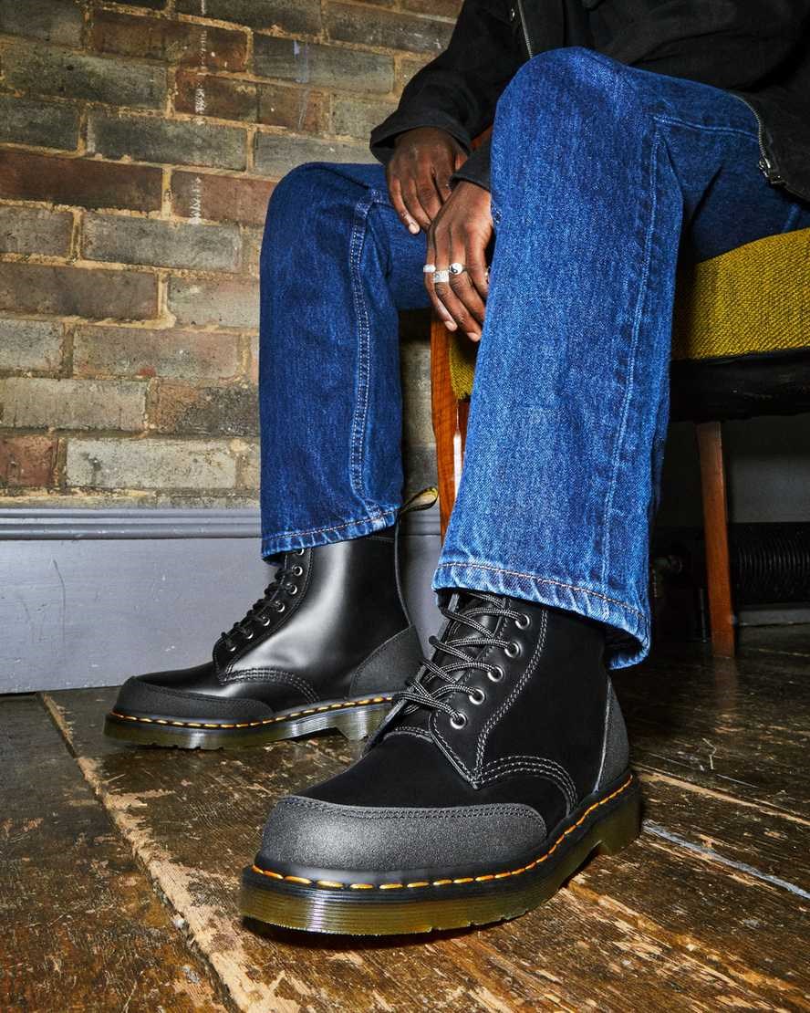 Black Smooth Men's Dr Martens 1460 Guard Panel Leather Lace Up Boots | 031952-MBN