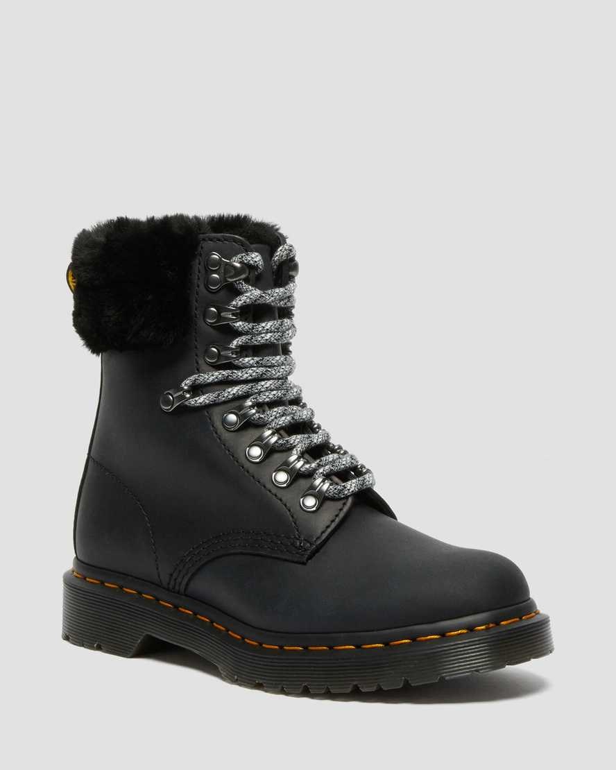 Black Streeter Women's Dr Martens 1460 Serena Collar Faux Fur Lined Lace Up Boots | 839125-HRC