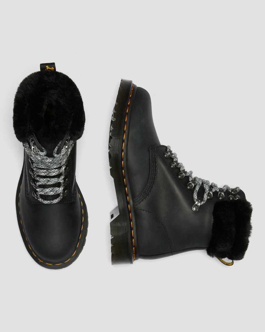 Black Streeter Women's Dr Martens 1460 Serena Collar Faux Fur Lined Lace Up Boots | 839125-HRC