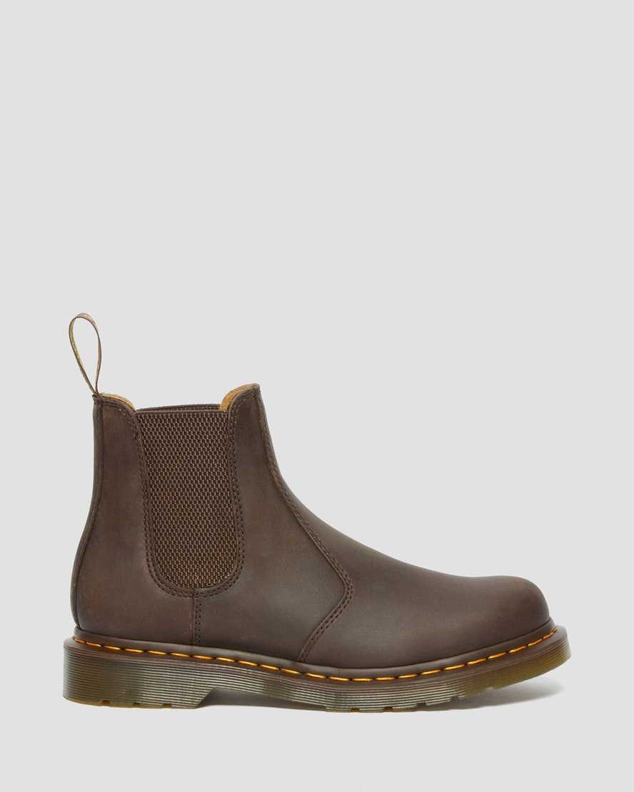 Dark Brown Crazy Horse Leather Men's Dr Martens 2976 Yellow Stitch Crazy Horse Leather Chelsea Boots | 654730-PRF