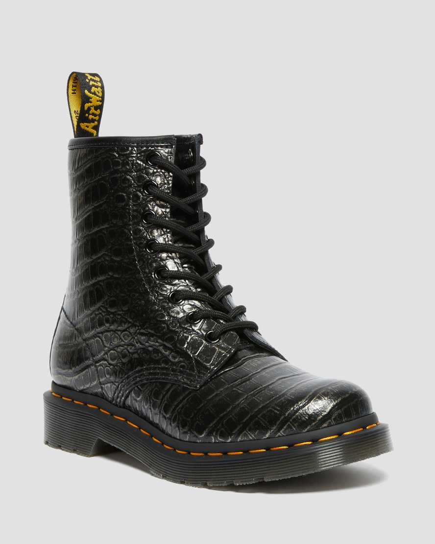 Gunmetal Wild Croc Women\'s Dr Martens 1460 Croc Emboss Leather Lace Up Boots | 218076-FZS