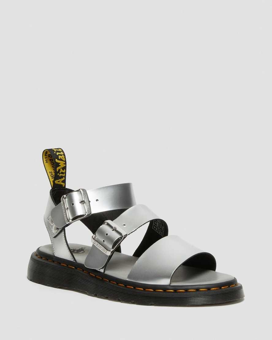 Silver Women's Dr Martens Gryphon Metallic Leather Gladiator Sandals | 920468-FIH