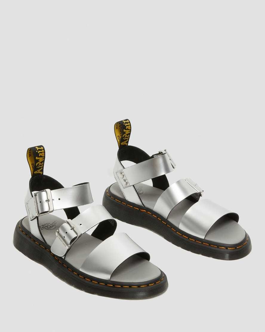 Silver Women's Dr Martens Gryphon Metallic Leather Gladiator Sandals | 920468-FIH