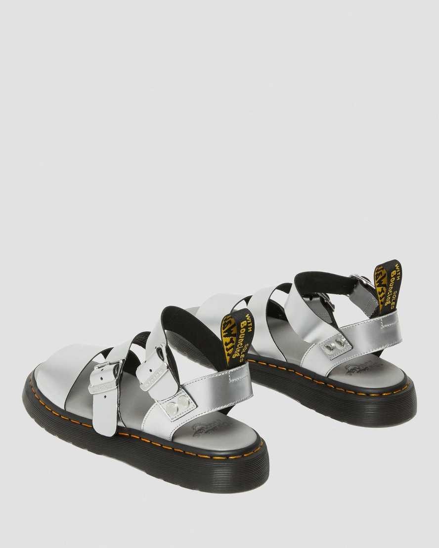 Silver Women's Dr Martens Gryphon Metallic Leather Gladiator Sandals | 920468-FIH