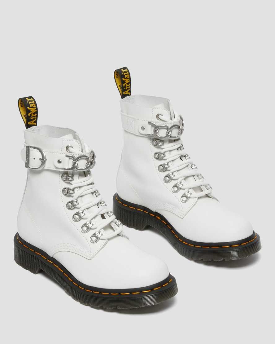 White Sendal Women's Dr Martens 1460 Pascal Chain Leather Ankle Boots | 567319-KQO