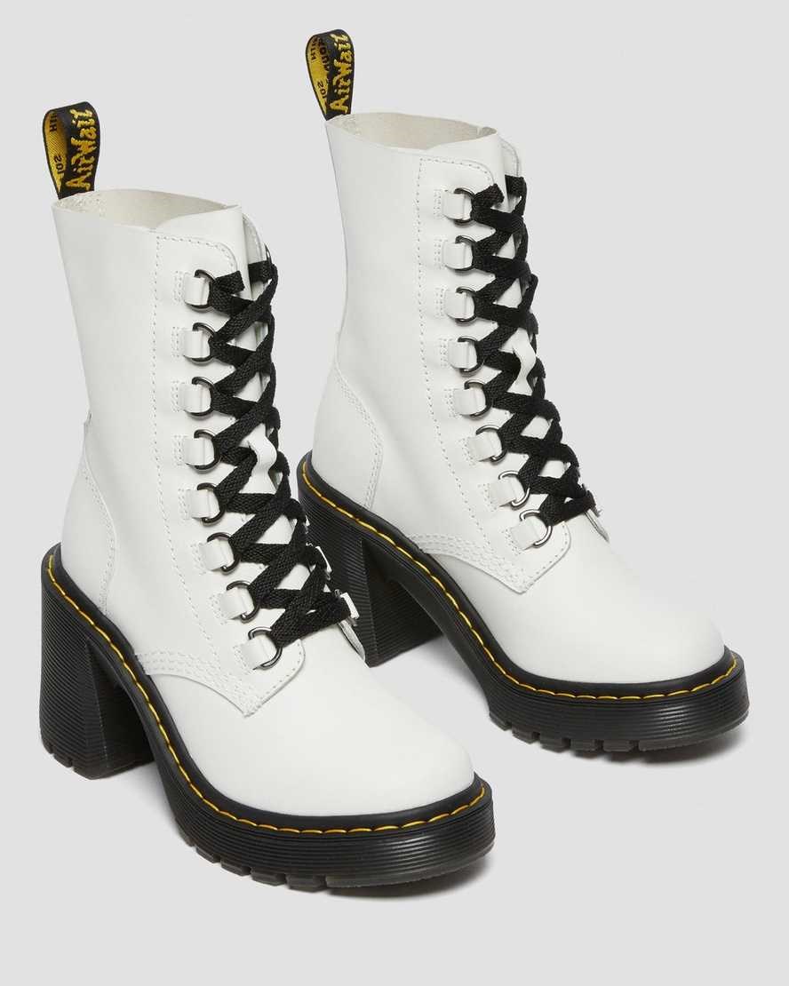 White Sendal Women's Dr Martens Chesney Leather Flared Heel Lace Up Boots | 053287-FDA