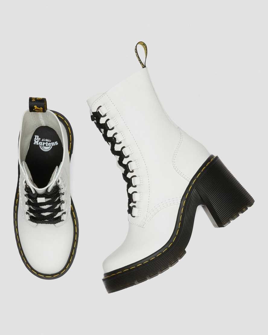 White Sendal Women's Dr Martens Chesney Leather Flared Heel Lace Up Boots | 053287-FDA