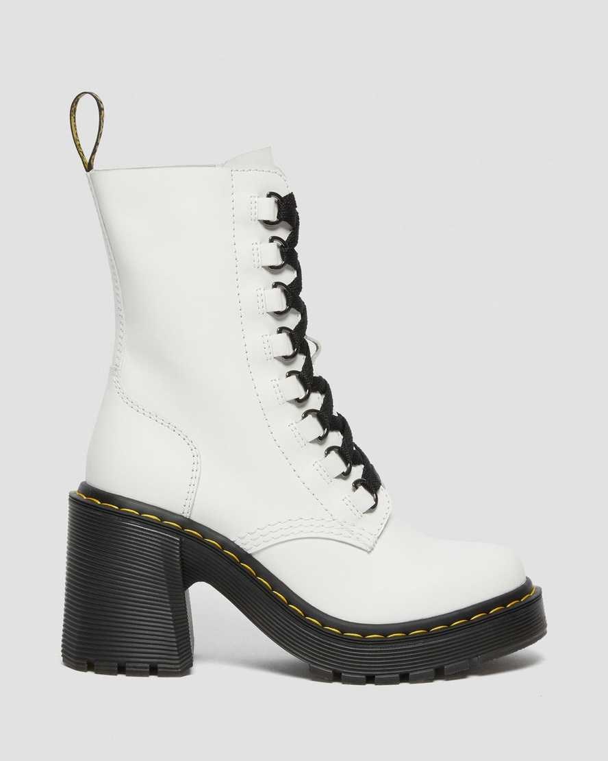 White Sendal Women's Dr Martens Chesney Leather Flared Heel Lace Up Boots | 053287-FDA