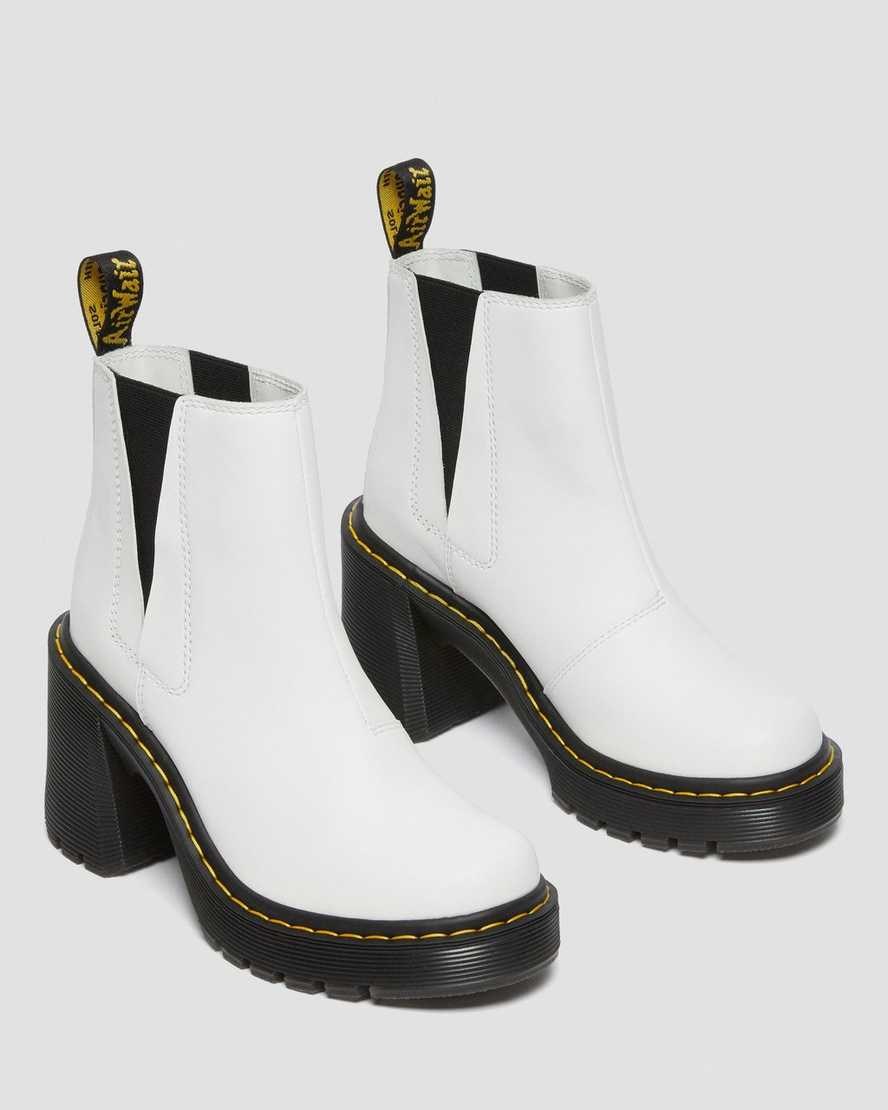 White Sendal Women's Dr Martens Spence Leather Flared Heel Ankle Boots | 167504-GTP