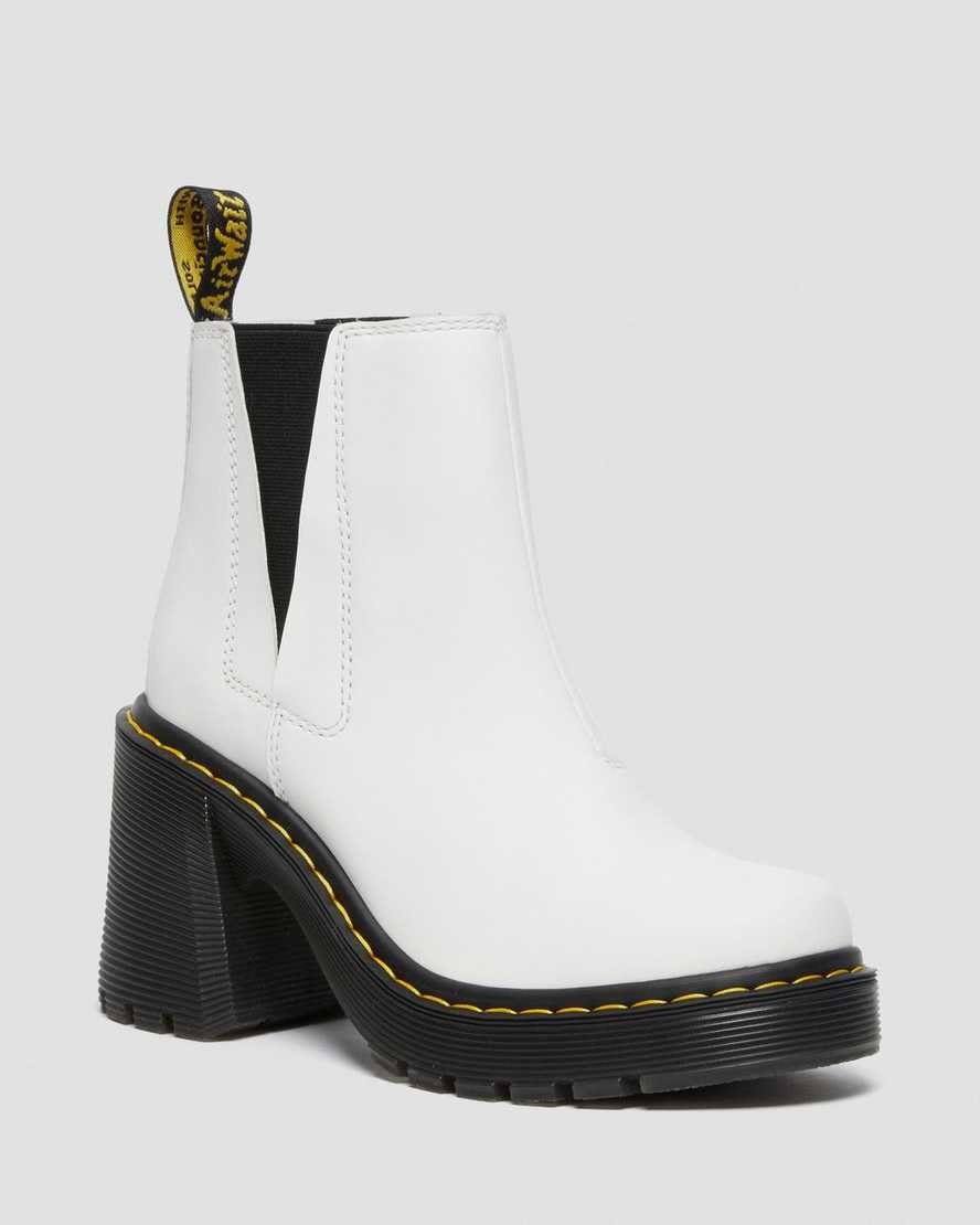 White Sendal Women\'s Dr Martens Spence Leather Flared Heel Ankle Boots | 167504-GTP