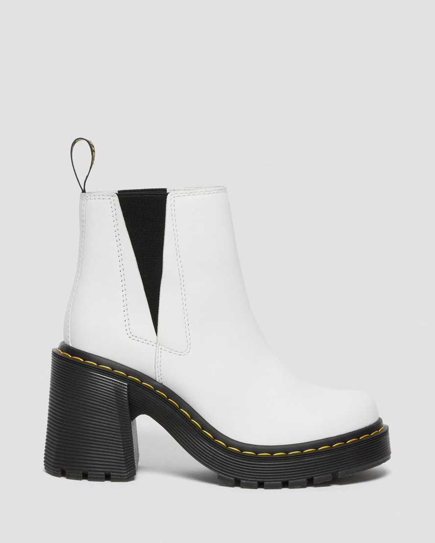 White Sendal Women's Dr Martens Spence Leather Flared Heel Chelsea Boots | 625937-EQA