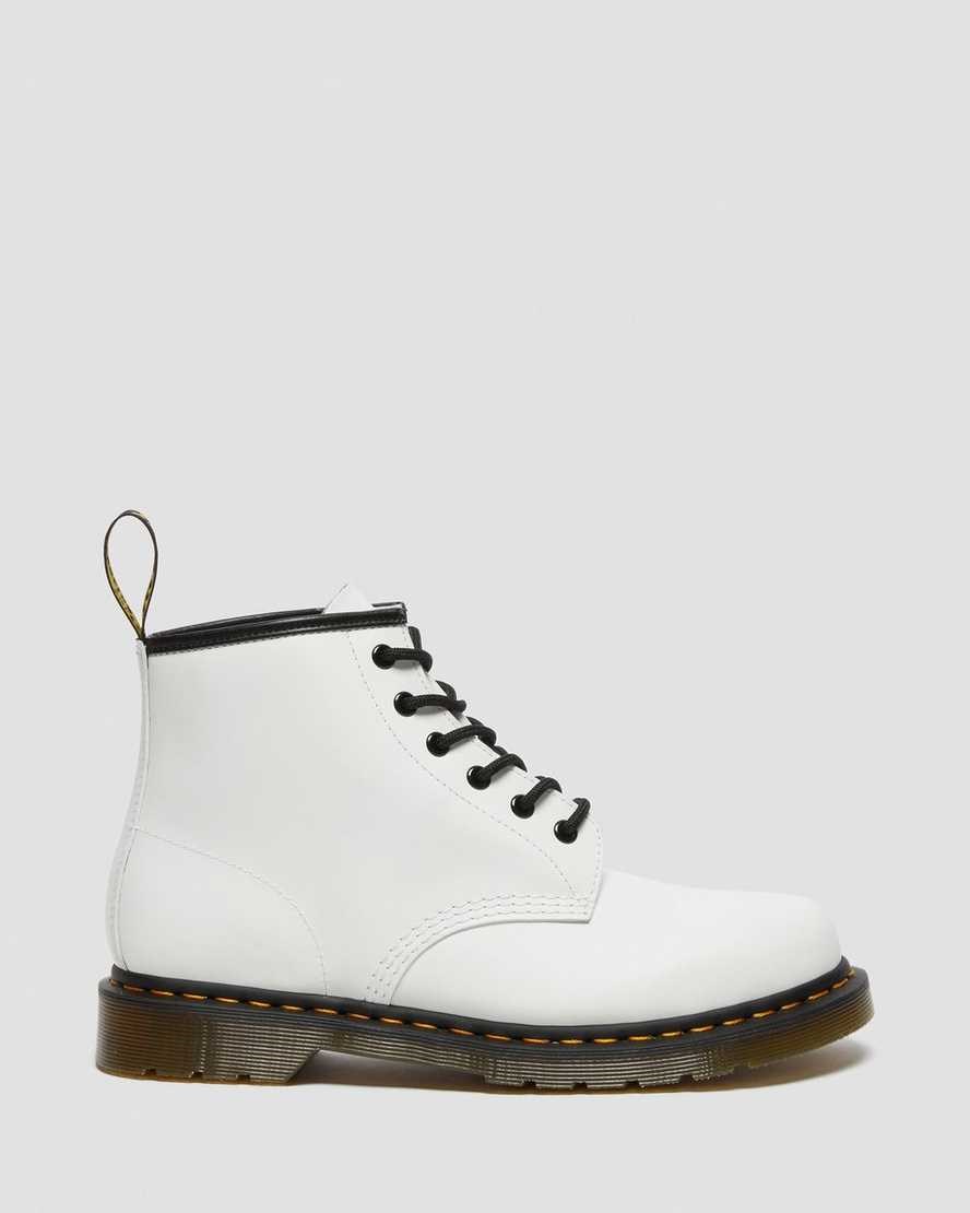 White Smooth Leather Women's Dr Martens 101 Yellow Stitch Smooth Leather Ankle Boots | 759026-LGW